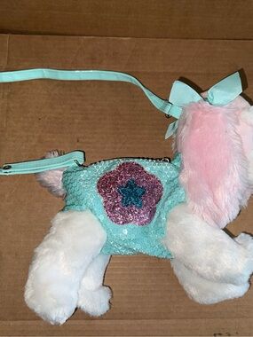 Poochie and Co Purse white & pink puppy Turquoise Zip with Strap A14 child purse